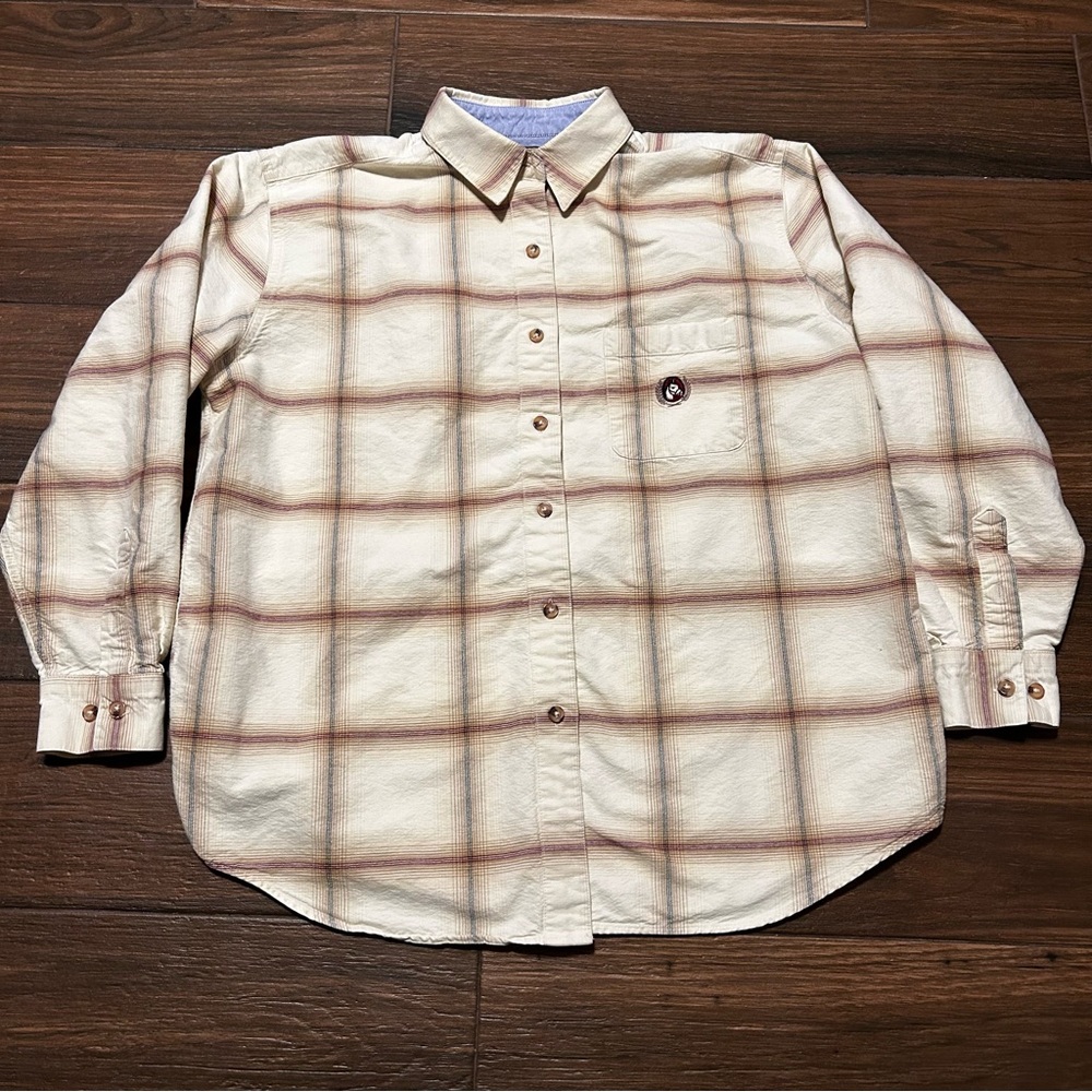Bit & Bridle Women’s Button Down Shirt Medium Cream Brown Long Sleeve